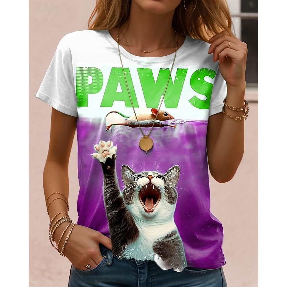 Women's T Shirt Print Graphic Cat Letter Vintage Stylish Classic Short Sleeve Crew Neck Regular Tops Daily