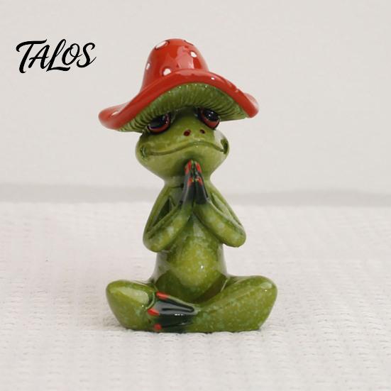 Small Tabletop Accents Yoga Mushroom Frog Figurine, Creative Resin Statue, Cute Sitting Decor Green Ornament for Home Office Shelf Decoration Desktop