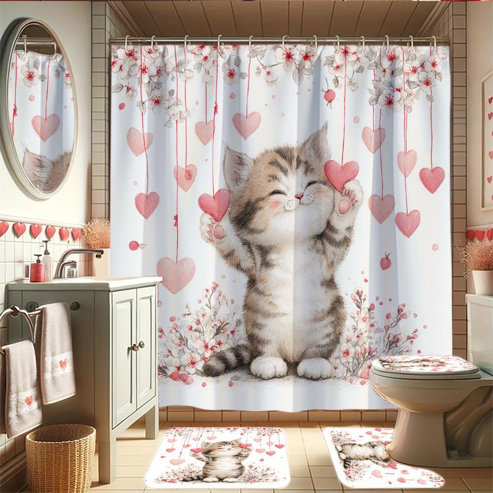 4Pcs Cute Cat And Heart Shower Curtain Set with Non-Slip Bath Mat, Toilet Lid Cover, Contour Rug & 12 Hooks, Bathroom Decor