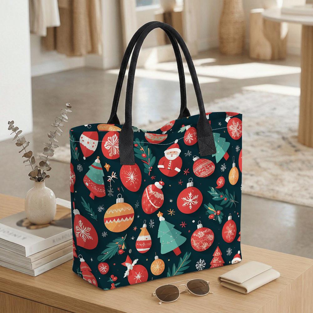  Christmas Pattern Canvas Tote Bag Large Capacity Portable Fashionable Daily Shopping Handbag