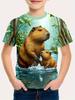 Kids Summer 3D Print Tee, Capybara Playing In Water Parent‑Child Time Graphic, Casual Sports Top, Ideal Kids Gift