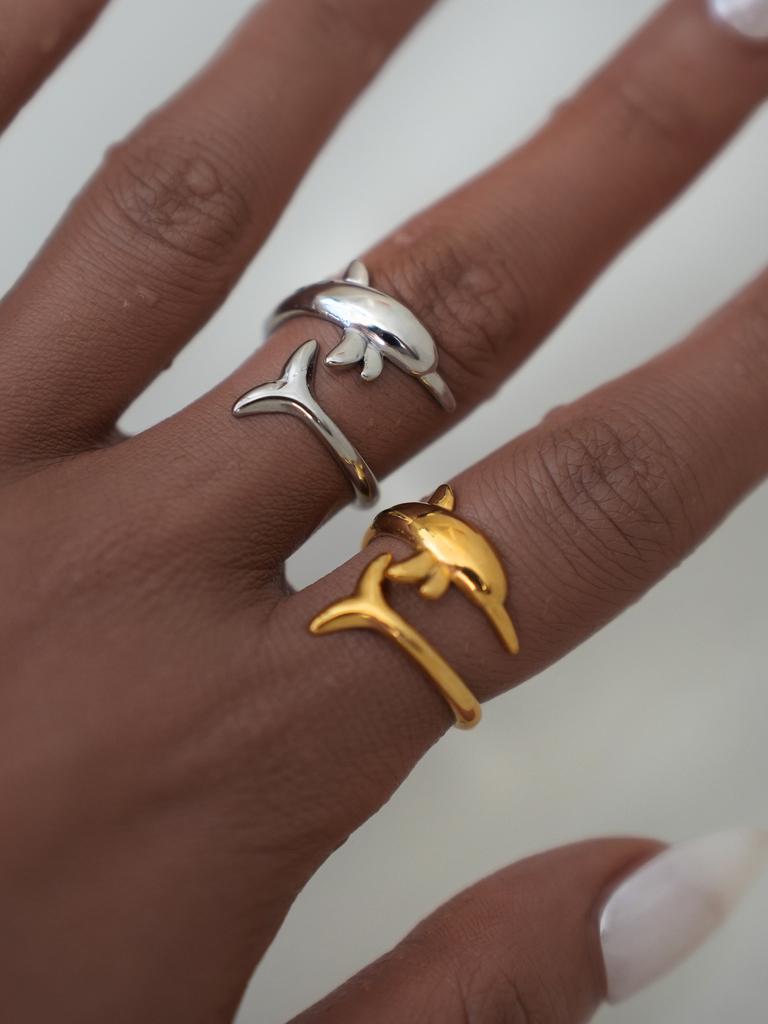 Exquisite Dolphin Design Stainless Steel Ring 18K Gold Plated Waterproof High Quality Ladies Zircon For Daily Wear Vacation Etc
