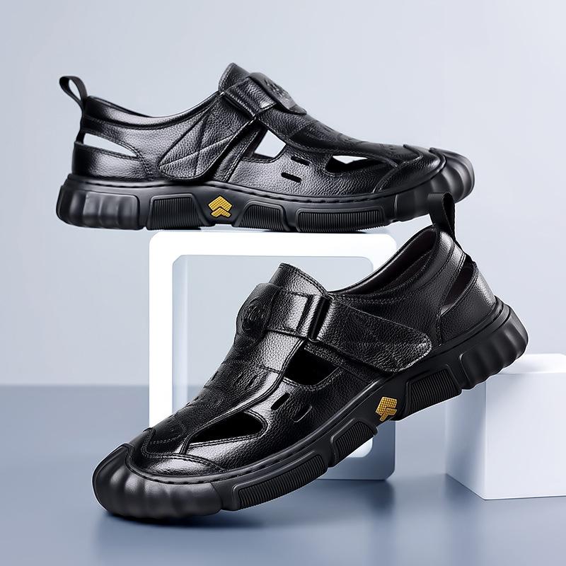 Men's sandals leather summer hollow breathable shoes men's casual versatile non-slip soft sole leather sandals rubber soft sole