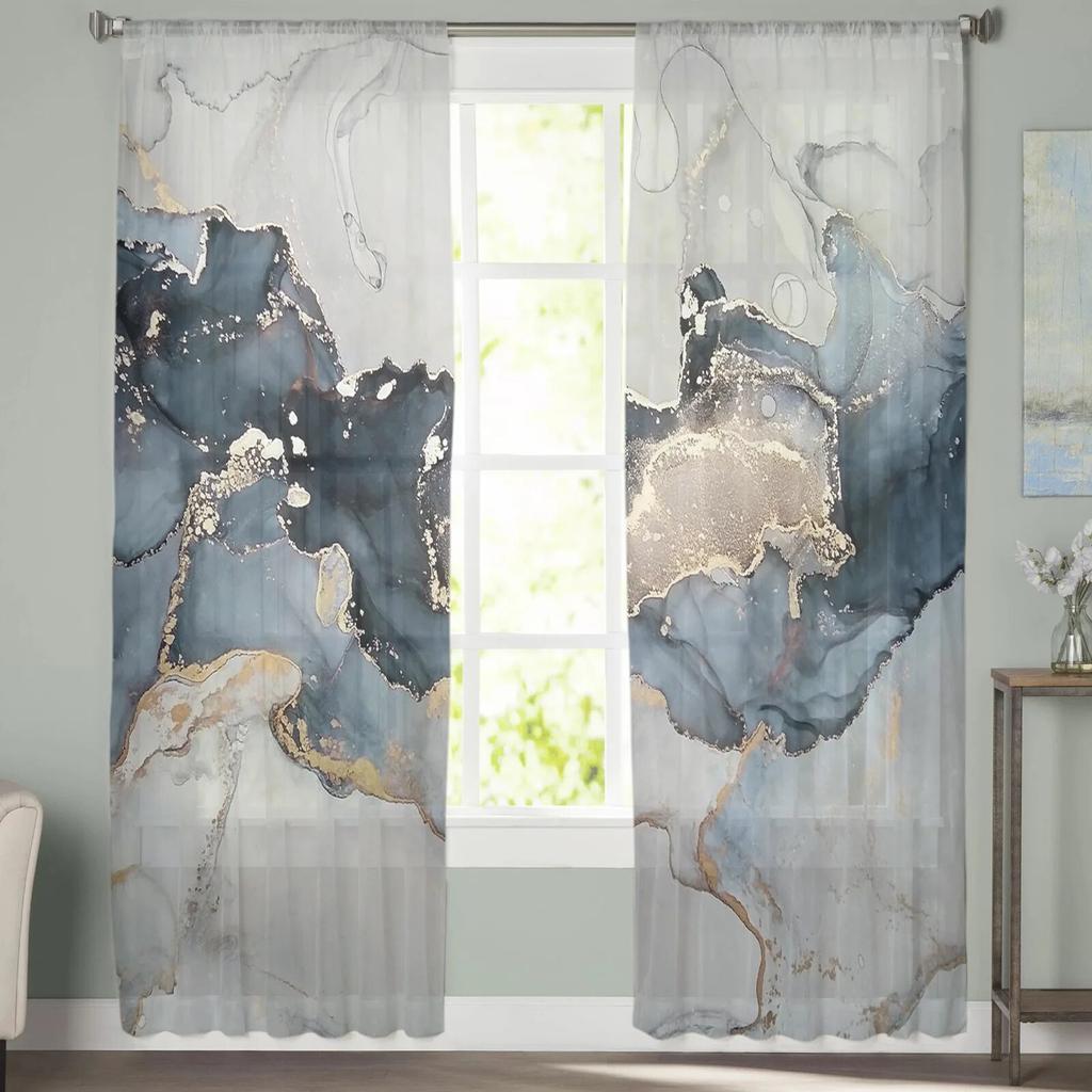 Marble Texture Ink Painting Golden Lines Tulle Curtains For Bedroom Modern Voile Curtains Home Decoration Window Curtains