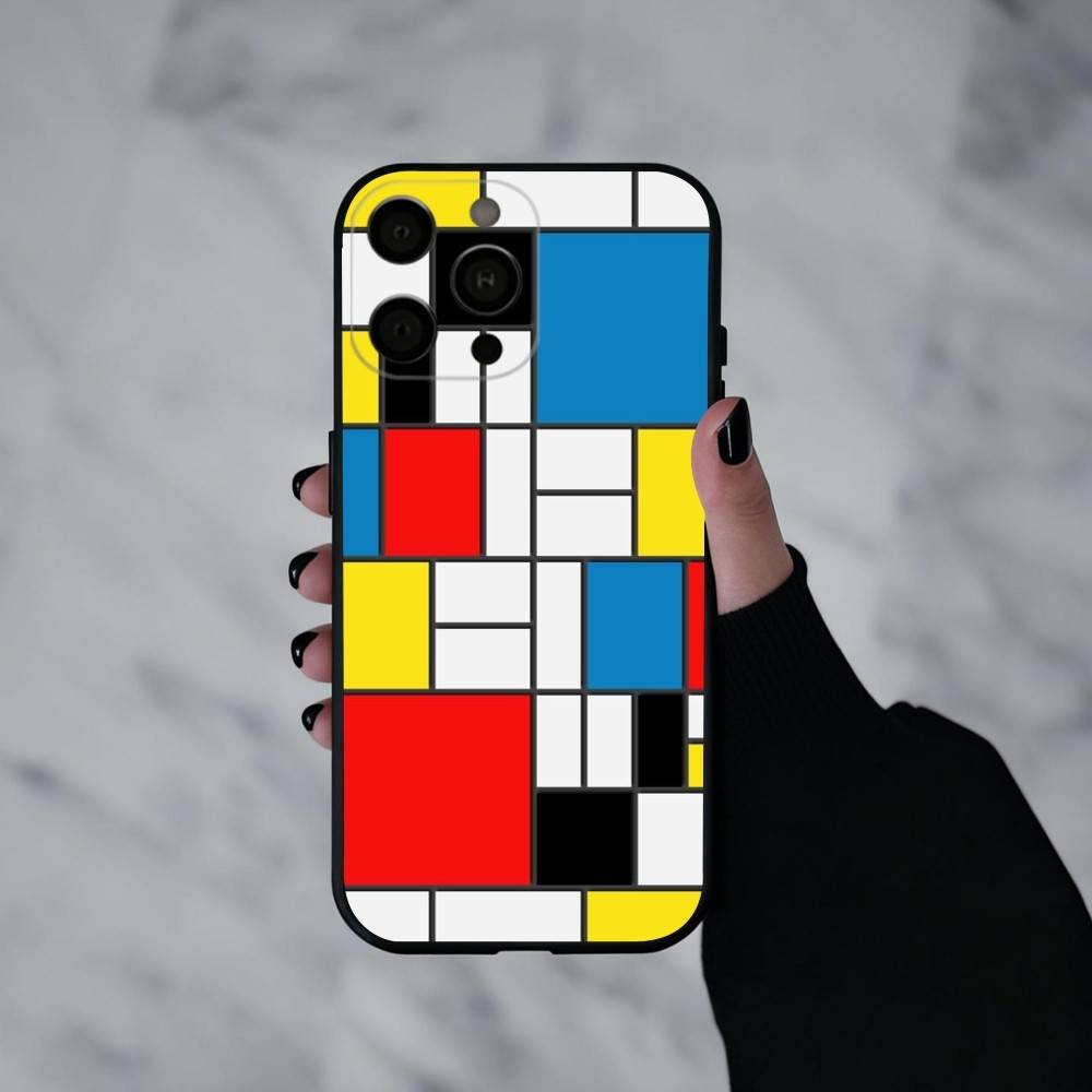 Grid T-TOPLBPCS M-Mondrian  Phone Case For iPhone 17pro,16,15,14,13,12,11 Plus,Pro Max,XS,Soft Silicone Black Cover