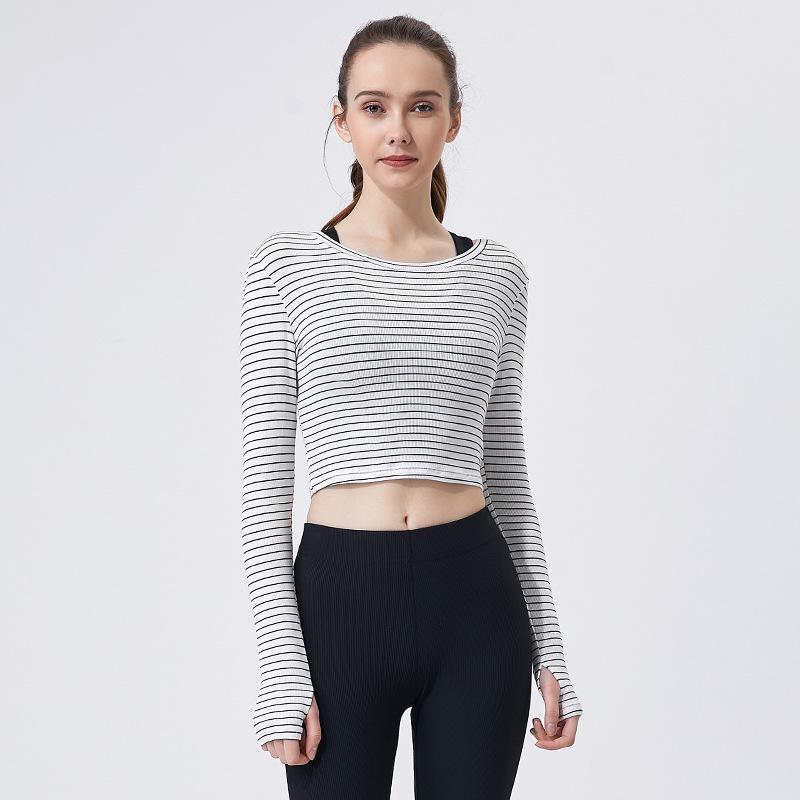 Women's Spring Striped Slimming Yoga Crop Top with Thumb Holes - Long Sleeve Fitness Shirt