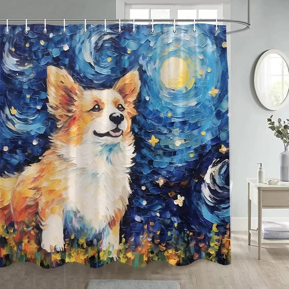 Cute Dog Shower Curtains Funny Animal Starry Sky Oil Painting Art Modern Polyester Fabric Bathroom Curtain Decorative With Hooks