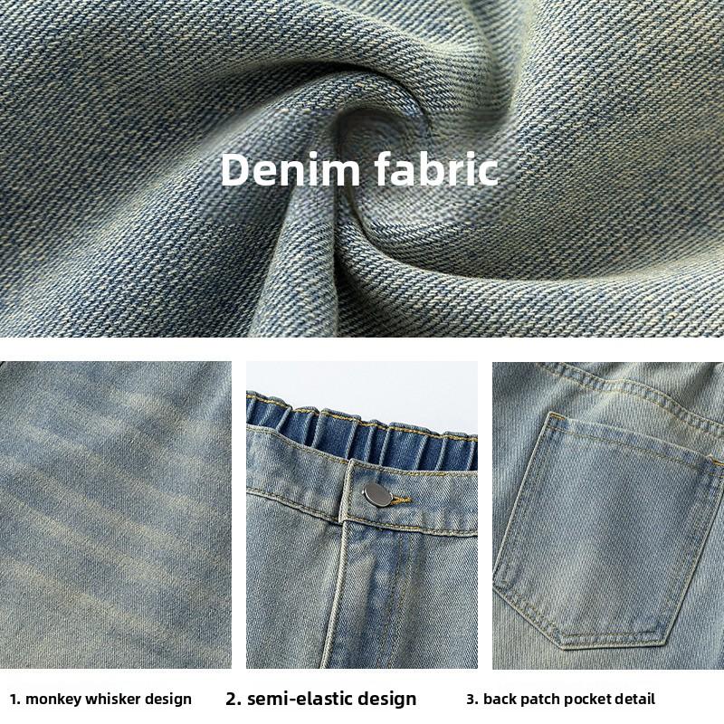 Washed distressed straight loose-fit men's jeans, new four-season vintage silhouette, trendy casual long pants