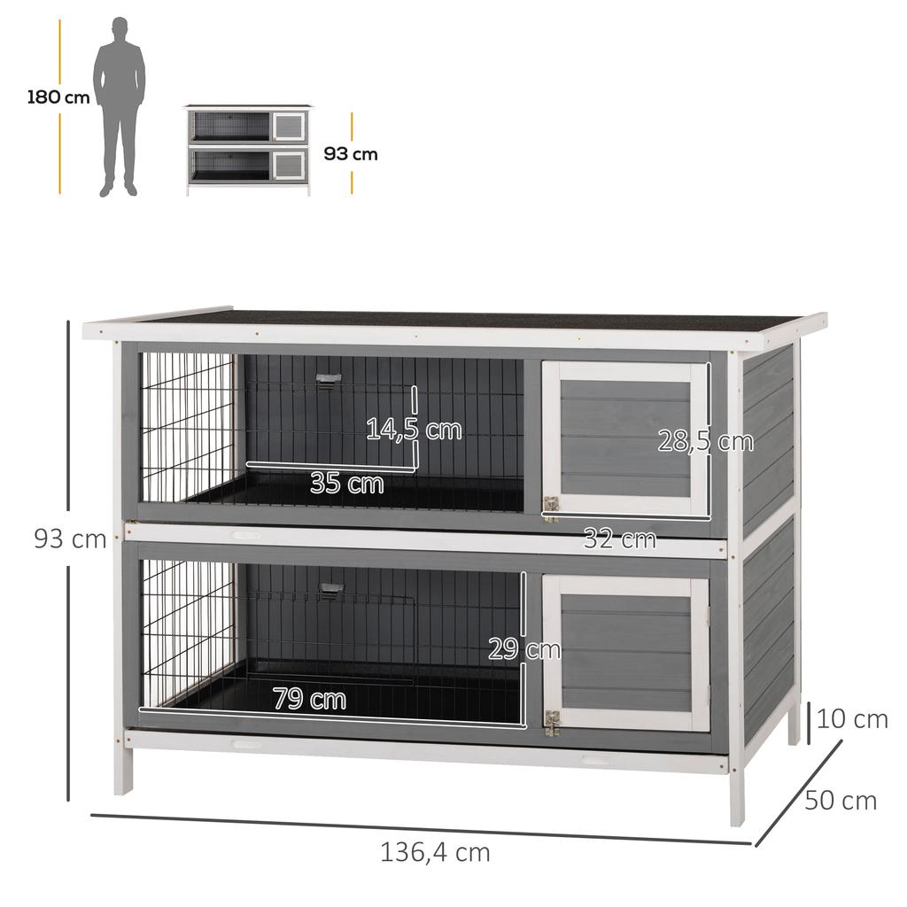 Small Animal Hutch for Guinea Pigs and Dwarf Rabbits, Two-story, Wood, Grey