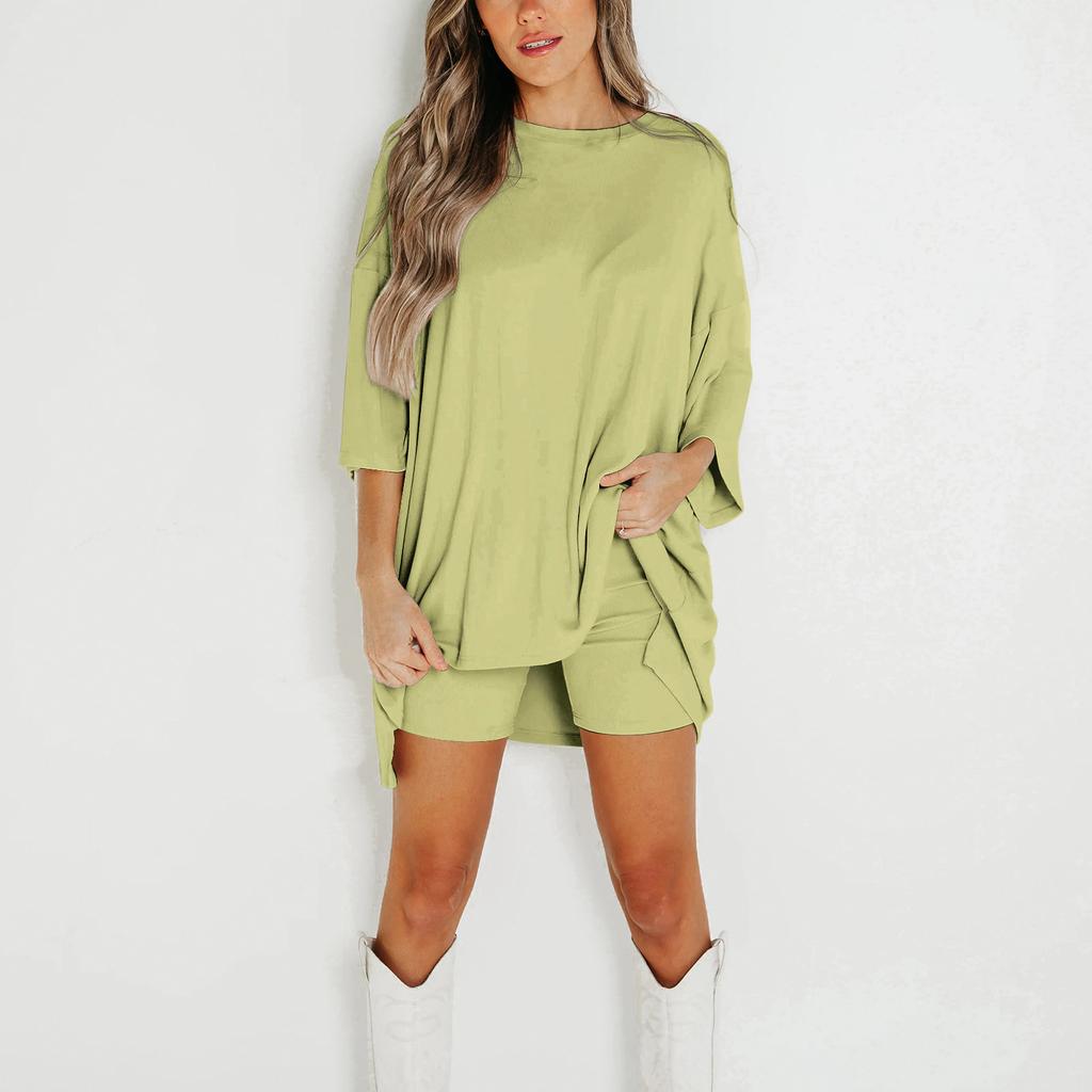 Women's Summer 2-Piece Round Neck Short Sleeves Drop Shoulder Big Kids Top And Bar Skinny Yoga Biker Shorts Set