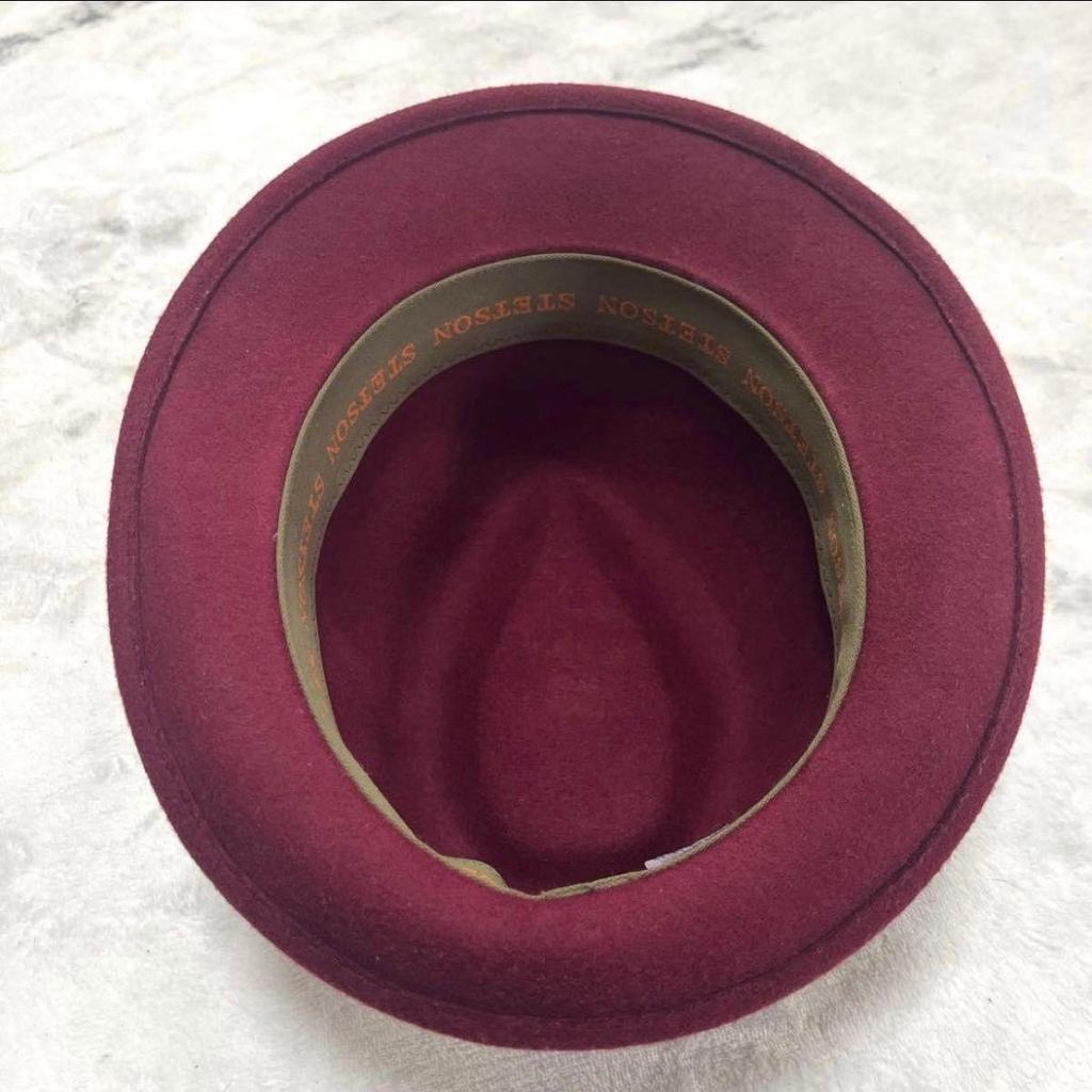 Used STETSON maxim Burgundy Wool Hat Black Ribbon Feather Decoration Hat Folded Hat Wine Red 57.5cm
