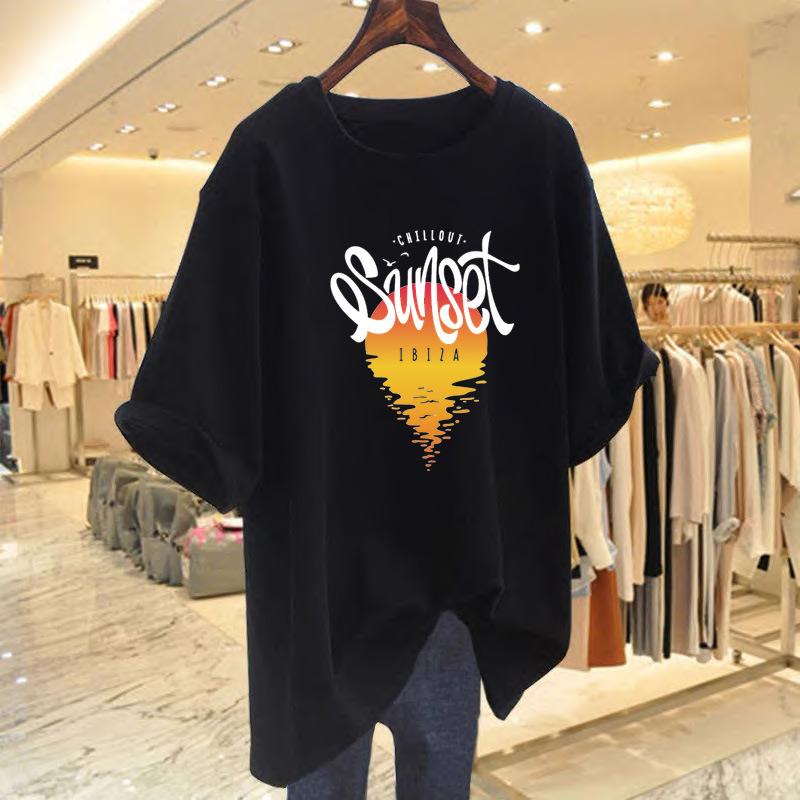 Pure cotton retro printing foreign versatile pure cotton short-sleeved black t-shirt women's summer new 2025 top ns tide