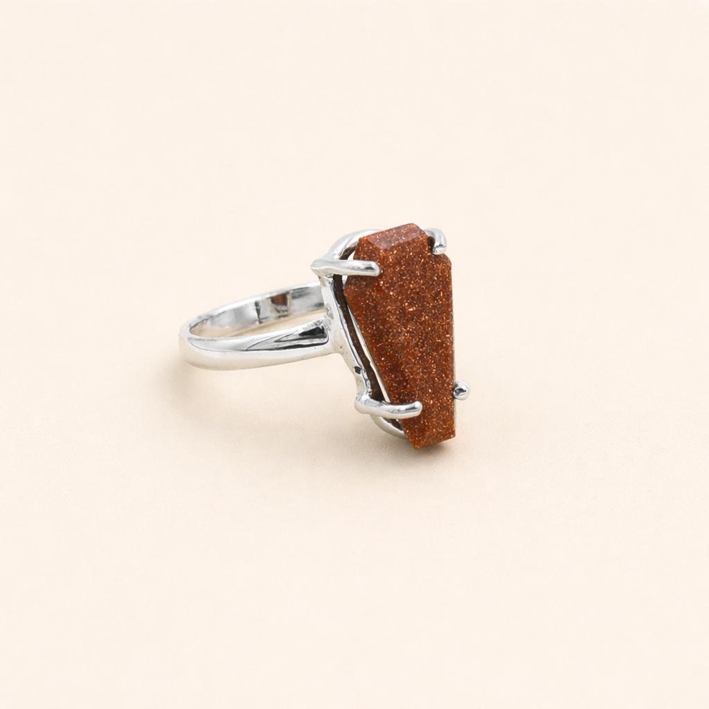 

Sterling Silver Coffin Ring Brown Goldstone Cabochon, Prong Set Gemstone Ring, Gothic Statement Ring, Handmade Jewelry Gift for Her 4 серебряный