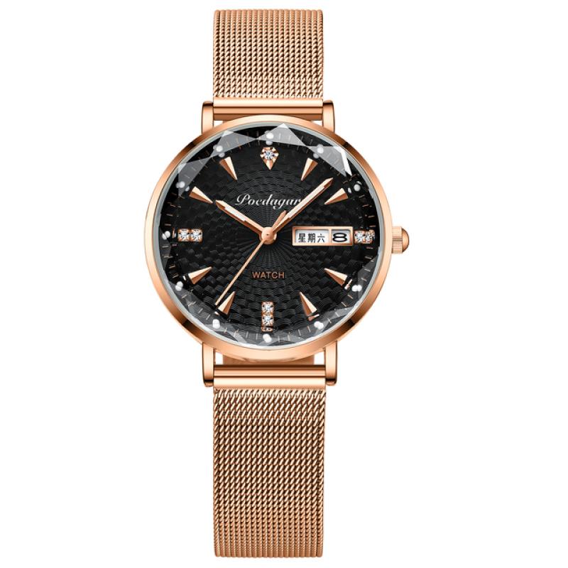 Relógio de moda feminino ouro rosa, pulseira de malha de aço inoxidável, quartzo, luminoso, à prova d'água, relógio empresarial ultrafino, data, semana, mostrador, relógio feminino