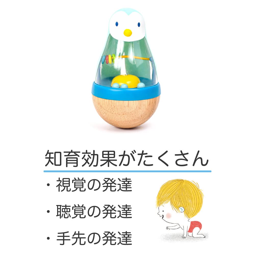 DJECO Roly Pingy Roly-Up Baby Rattle, Educational Toy with a Rocking, Healing Penguin Design, Montessori Design for Ages 0, 10 Months, 18 Months, and