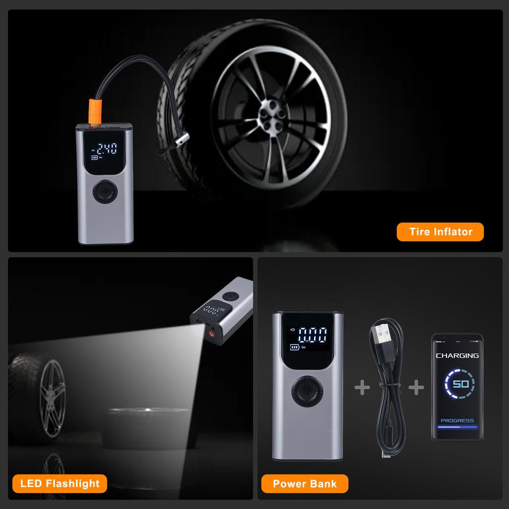 Portable Tire Inflator, Multifunctional for Car, Motorcycle, Tires, Basketball, Power Bank LED SOS Light Function Preset Tire P