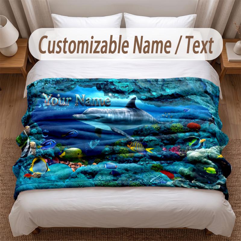 Fish Ocean Theme Soft Blanket Personalized Custom Name Text Print Warm Blanket Home Sofa Bedroom Decor
