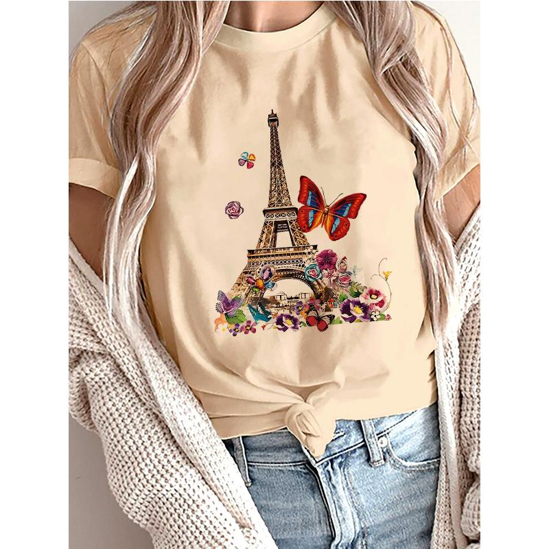 Casual Short Sleeve Printed T Shirt Clothing Women's T-Shirt Graphic Clothing Top Tee Fashion Bonjour Paris Text Print T Shirt