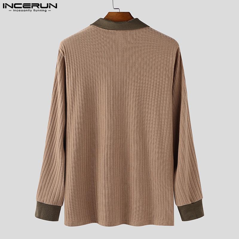 INCERUN Autumn Men Lapel Neck Long Sleeve Stitching Patchwork Rib Knitted Pullovers Tops