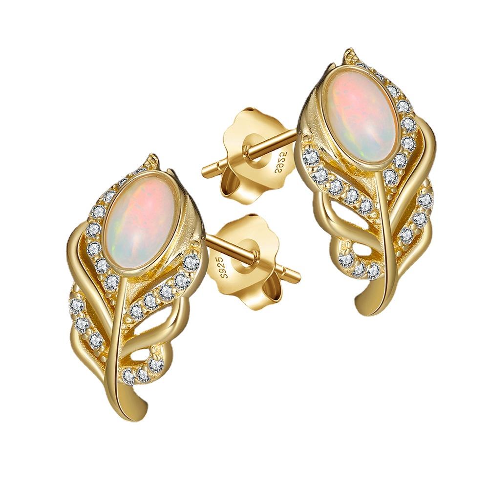 

Серьги-гвоздики из стерлингового серебра 925 пробы с натуральным опалом и полыми золотыми перьями и бриллиантами 925