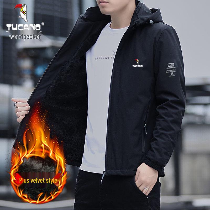 Woodpecker Men's Fleece-lined Hooded Jacket - Detachable Hood, Casual Spring/Autumn/Winter Coat