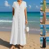 Women's V Neck Short Sleeve Maxi Dress Loose Fit Solid Color Linen Cotton Shirt Dress with Pocket Summer Beach Vacation