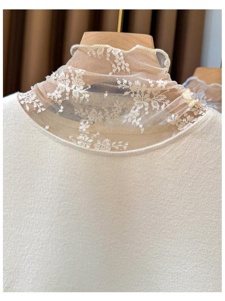 Women's Slim-Fit Brushed Lace Turtleneck Base Layer - Warm Autumn/Winter Inner Shirt