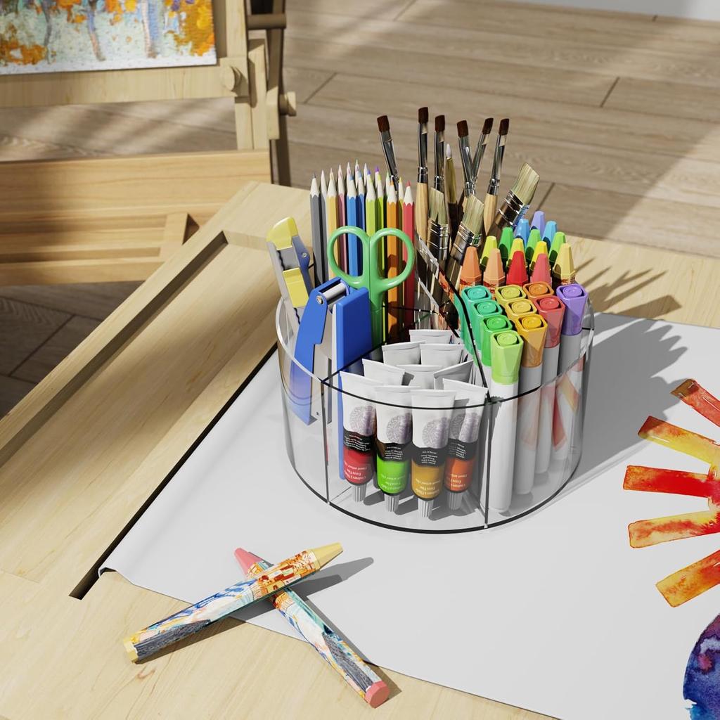 Acrylic Pen Holder, 360 Degree Rotating Pen Organizer, Rotating Desk Acrylic Office Organizer with 6 Compartments, Marker Organizer for Kid, Crayon