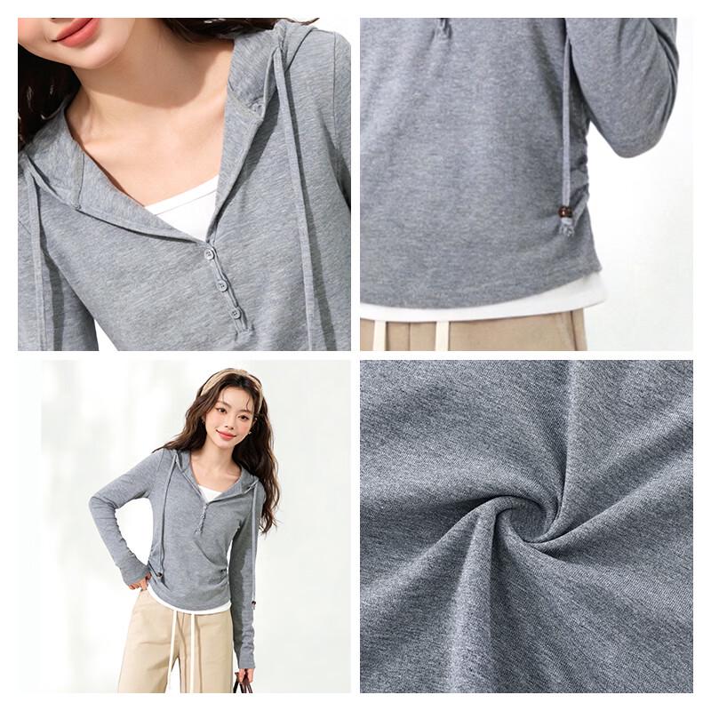 MJ STYLE Women's Hooded Faux Two-Piece Ruched Long Sleeve T-Shirt