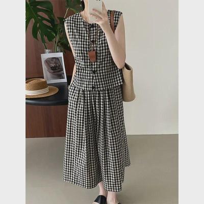 Taochuan Ιαπωνικό Ρετρό Καρό Αμάνικο Γιλέκο & Ελαστική Φούστα Ψηλόμεση Σετ για Γυναίκες