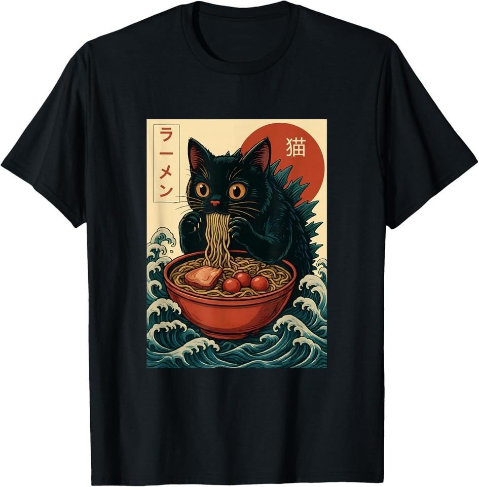 Funny Catzilla Anime Ramen Japanese Cat Gifts Men Women Kids T-Shirt L
