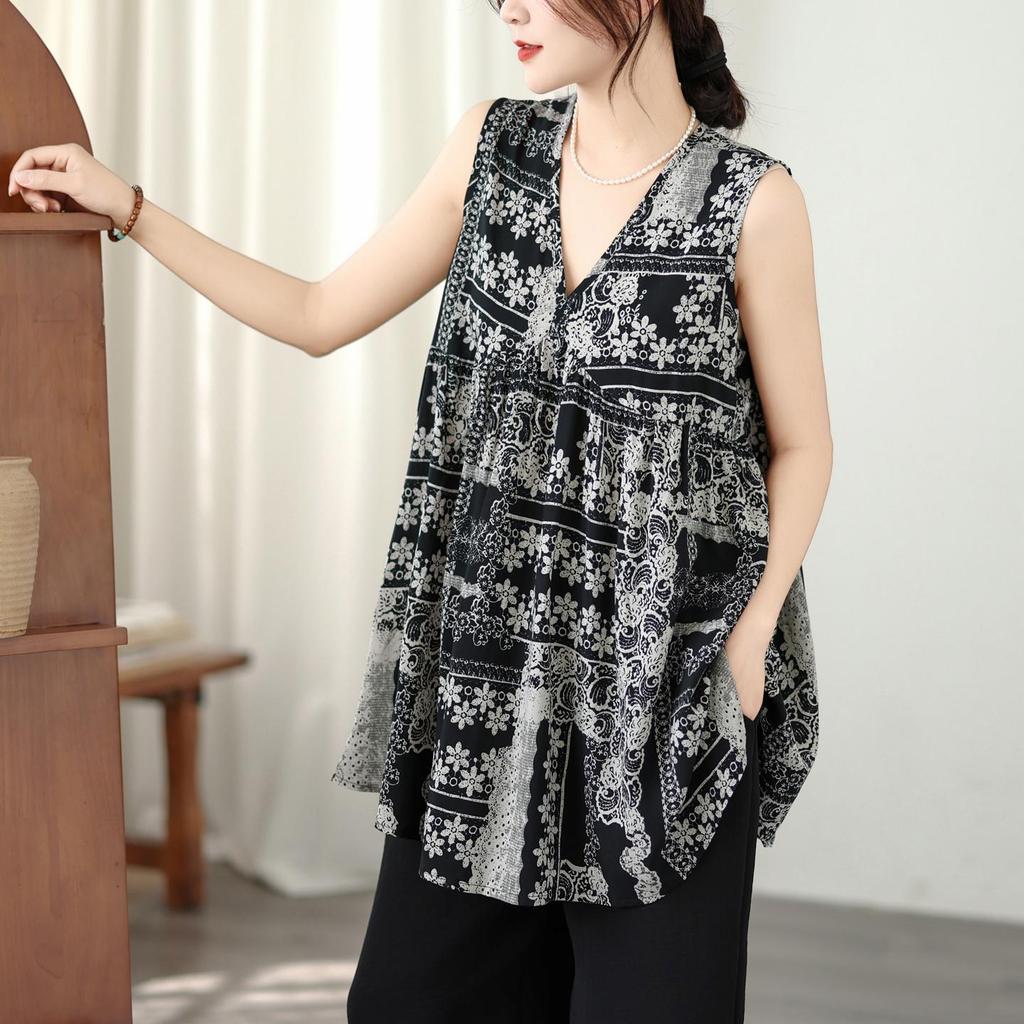 Oversized Cotton Vintage Floral Casual Loose Tank Tops for Women Summer T-shirt