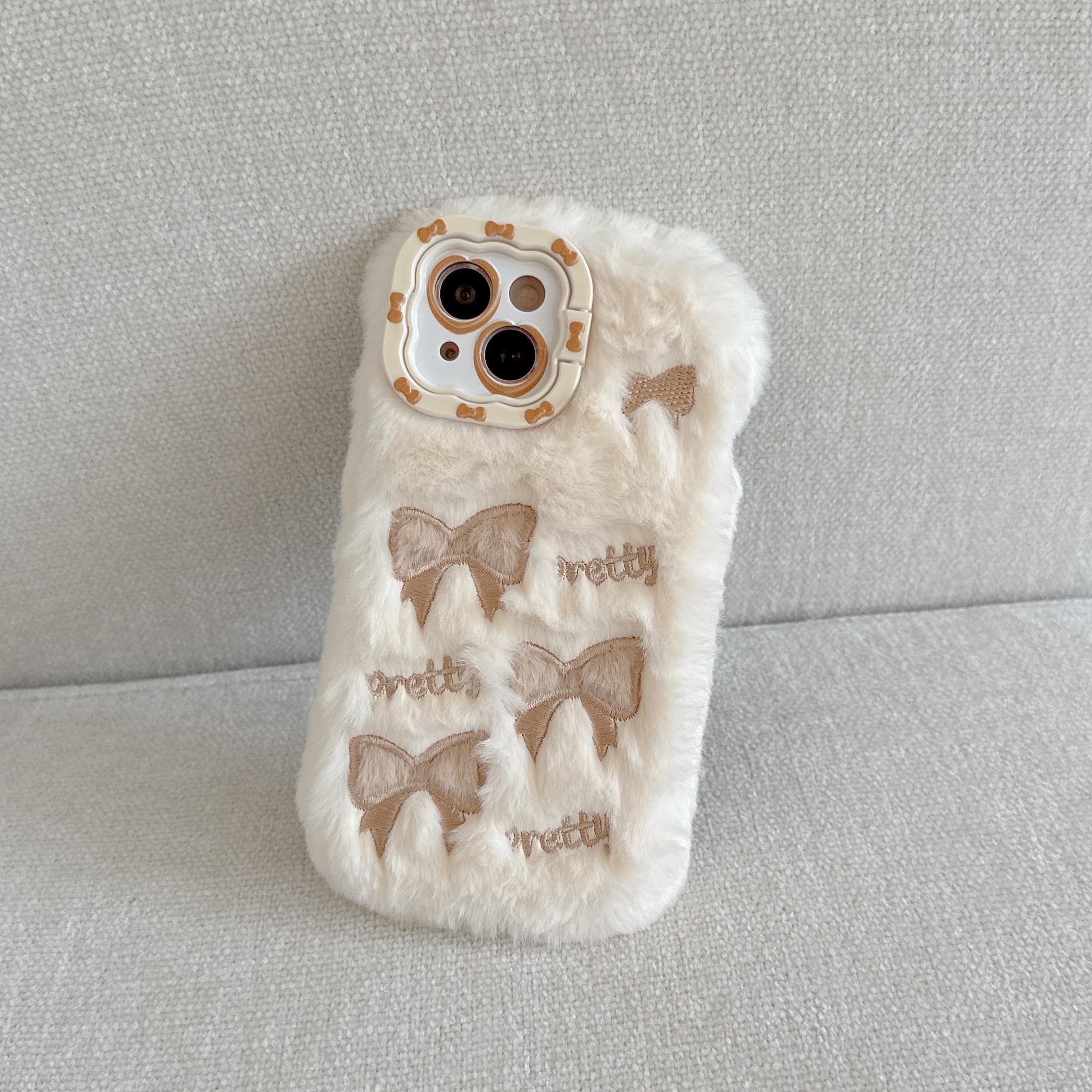 

Милый вышитый бант плюшевый чехол для телефона для девочек осенне-зимний пушистый чехол для телефона для iPhone 16 15 14 13 12 11 Pro Max For iPhone 16 Pro