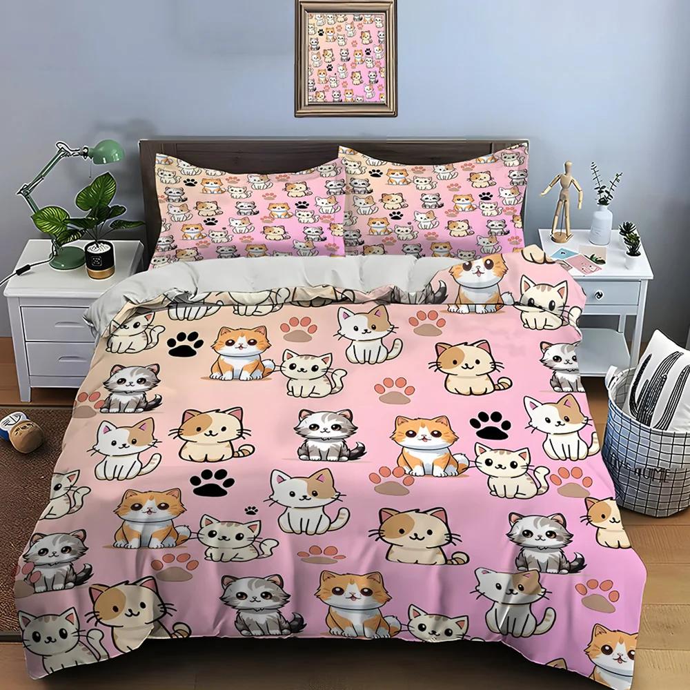 Duvet Cover 1 Duvet Cover 2 Pillowcases Adult And Children Bedding Set Luxury Comforter Set Cute Cartoon Cats Print Bedding Set