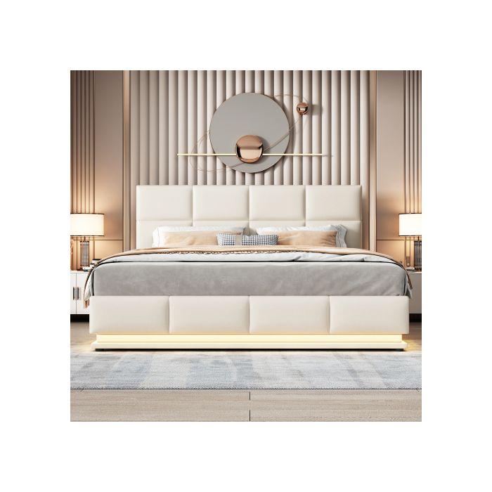 Lit - MUVOE - 180x200 cm - Éclairage LED - Rangement hydraulique - Beige