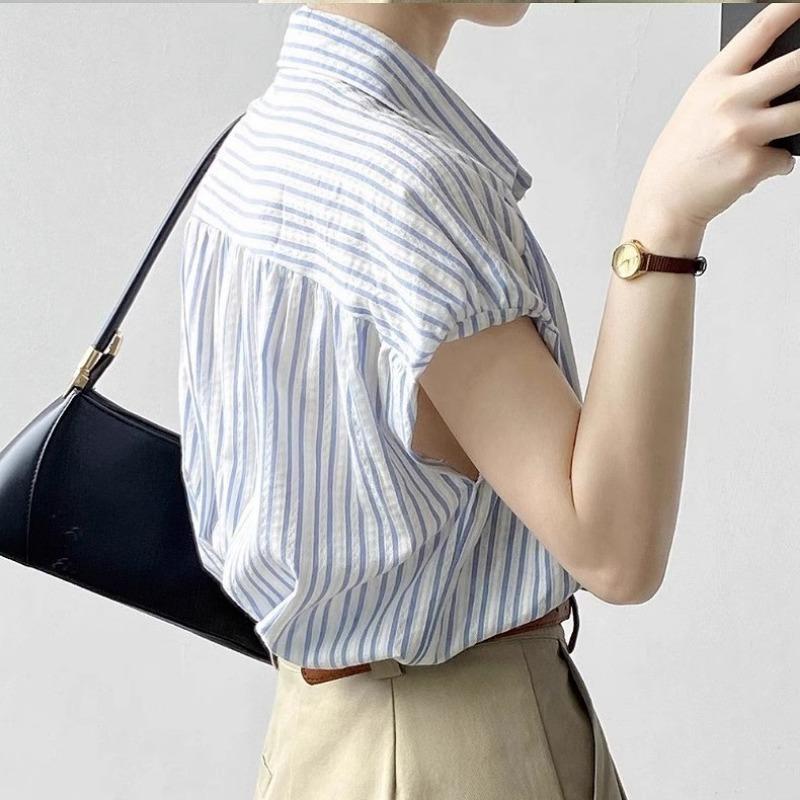 Summer New Women's Small Flying Sleeve Striped Shirt High-end Small Fresh Loose Shirt