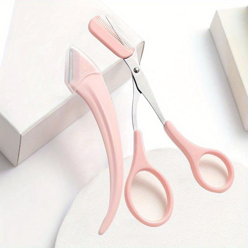 2pcs Crescent Eyebrow Trimmer+ 1pc Pink Eyebrow Scissors+ 1pc Pink Folding Eyebrow Trimmer, Pink Eyebrow with Built-in Comb, Create Eyebrows