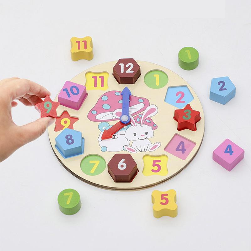 Non-Toxic Children'S Wooden Cartoon Animal Clock Teaching Aid Early Education Time Color Shape Matching Building Blocks Educational Toys
