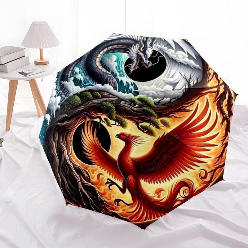1pc Yin Yang Dragon Phoenix Symbol Umbrella with Plastic Handle,Suitable for All Seasons Home Travel Outdoor UmbrellaDD361