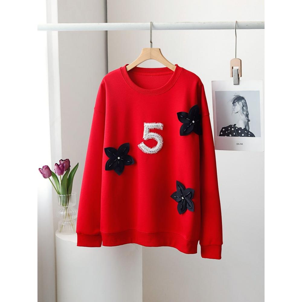 

DIMANAF 2024 новые весенние женские толстовки и свитшоты больших размеров с длинными рукавами, свободные повседневные базовые топы с круглым вырезом и цветочным принтом, футболка, новый пуловер One Size красный