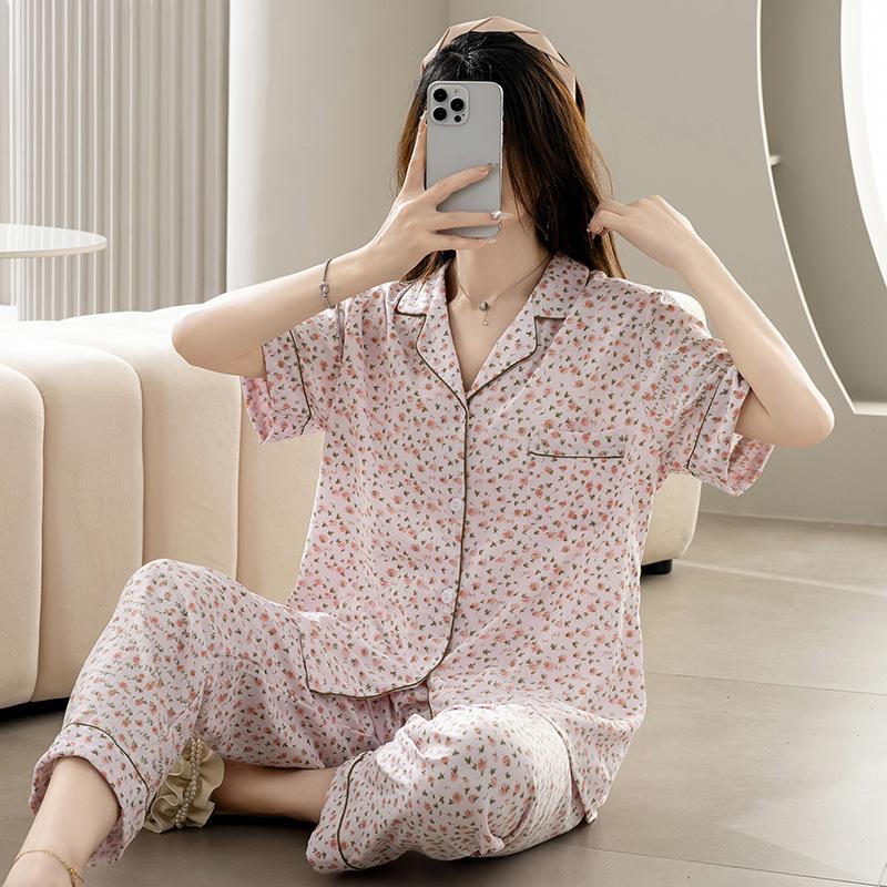 1011 new pajamas women's summer cloud cotton short-sleeved trousers two-piece set Japanese large-size printed loungewear autumn