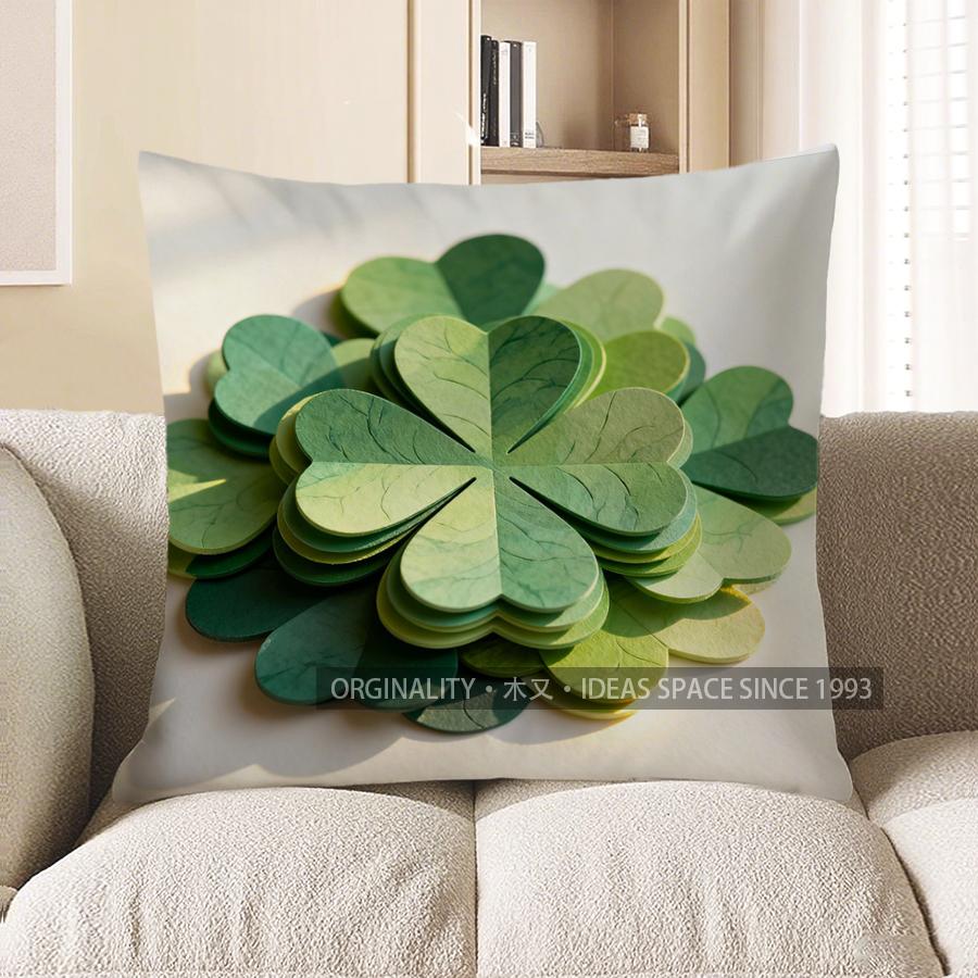 

2D Green Clovers Pattern Throw Pillow For Home Pattern Cushion Cover Suitable For Sofa Bedroom Car Pillow Cover 40x40cm