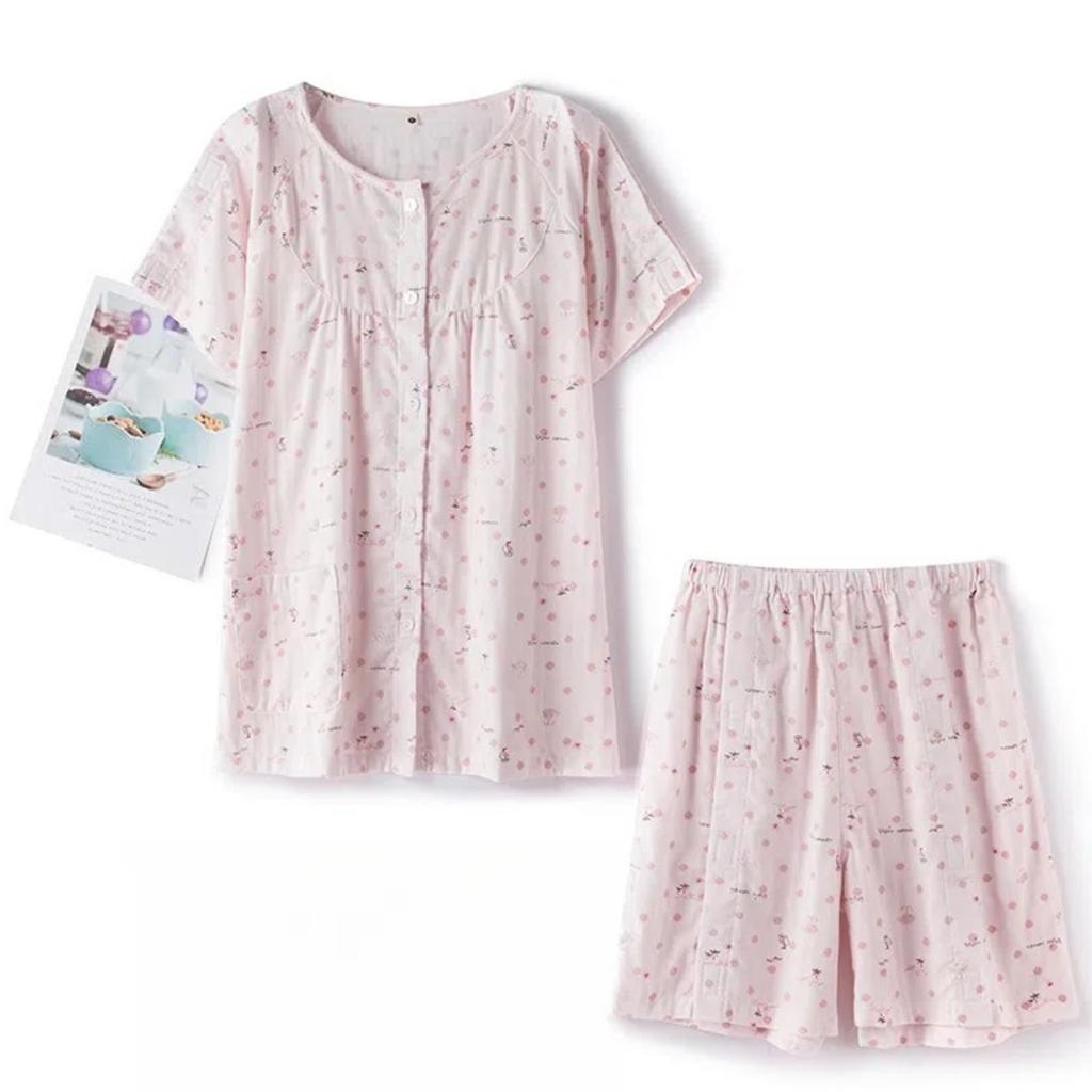 LAROTSUBA Summer Cotton Gauze Pajamas with Velcro Full Short Soft and Comfortable for and Casual Wear Women's Pajamas, Double-Layer Closure, Closure,