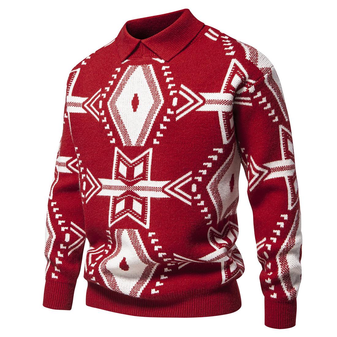 Мужской осенне-зимний мужской трендовый свитер с лацканами Мужской повседневный низ Мужской повседневный вязаный свитер Свитер M красный