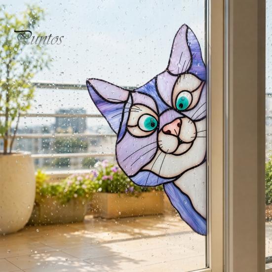 Sunlight Catching Cat Sticker Stained Glass Window Cling, Vintage Colorful Kitty Decal, Removable Static Decor for Door Wall Car, UV-Resistant