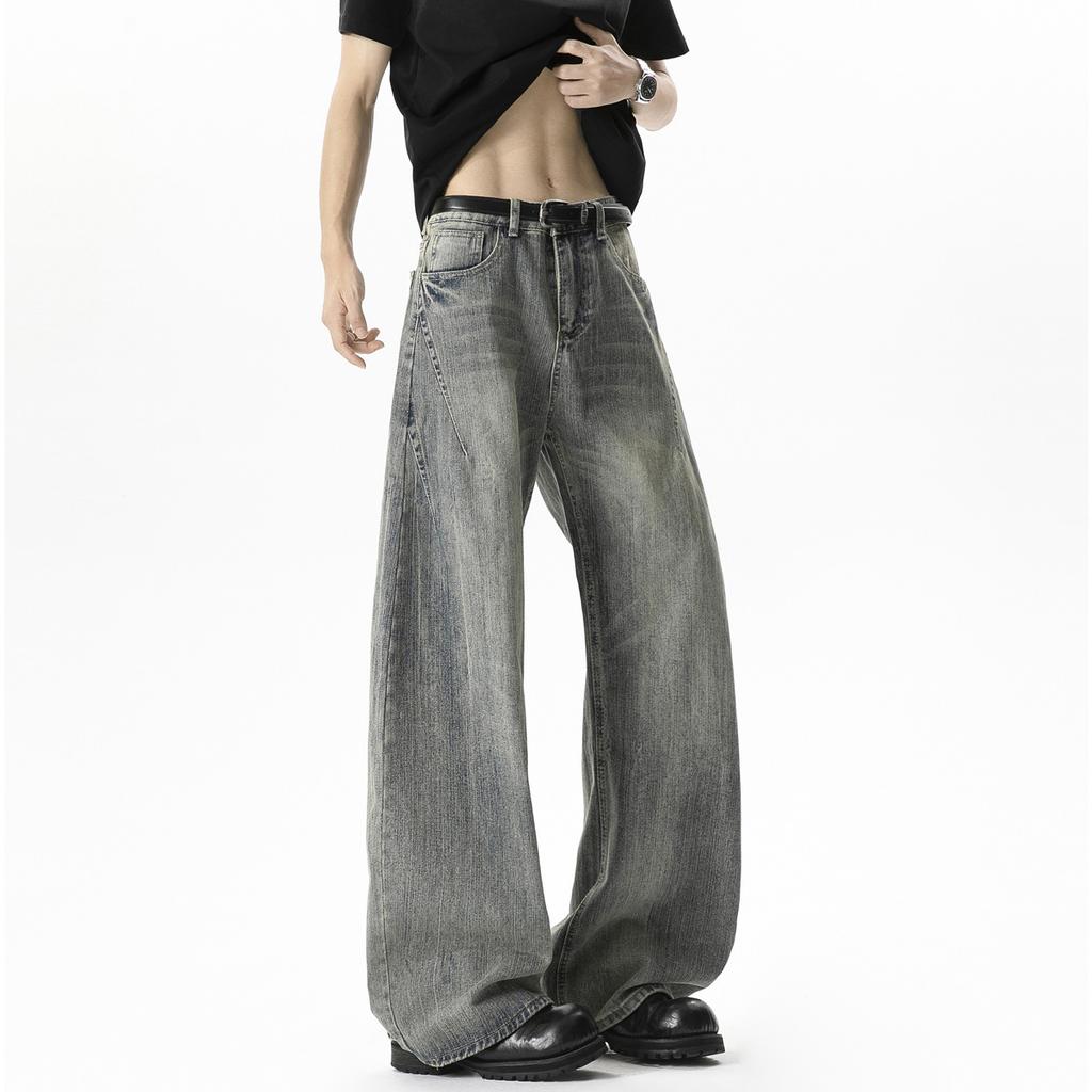 American Retro Scimitar Jeans Heavy Washed Deconstruction Wide Leg Pants Bamboo Pattern Washed Floor Pants High Street Long