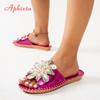 Aphixta New Gold Crystal Flower Slippers Women Summer Round Toe Shoes Outdoor Flat Heel Bling Slides Big Size43 Luxury Flip Flop