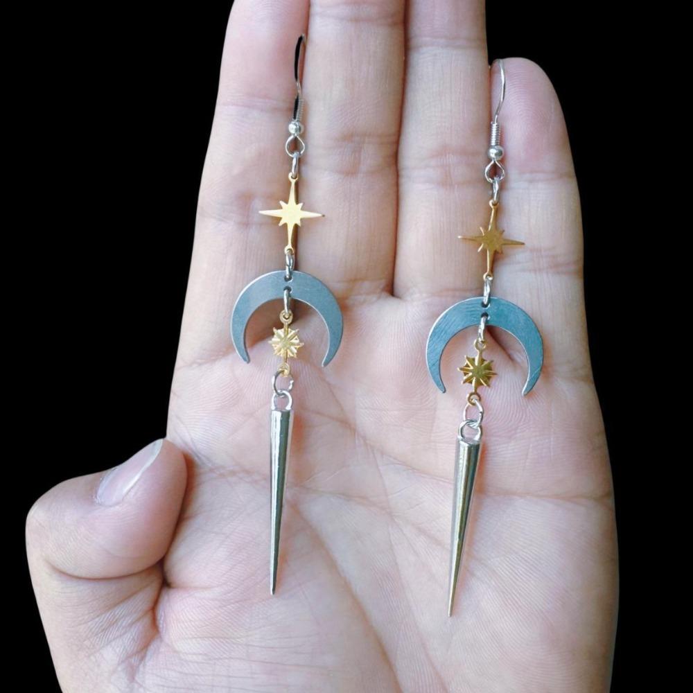 Temperament Personality Gold Color Sun Silver Color Moon Geometric Rivet Tip Cone Dangle Earrings for Women Halloween Jewelry
