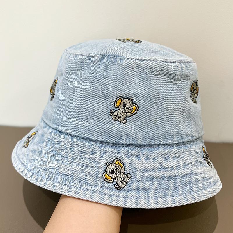 Retro Washed Distressed Embroidered Denim Hat for Women, Summer Large Brim, Face-Slimming Bucket Hat