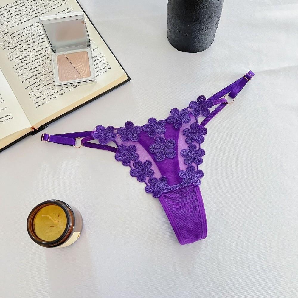 Low Waist Underwear for Women Mesh Hollow Thin Belt Thong Embroidery Floral Panties  Hotel